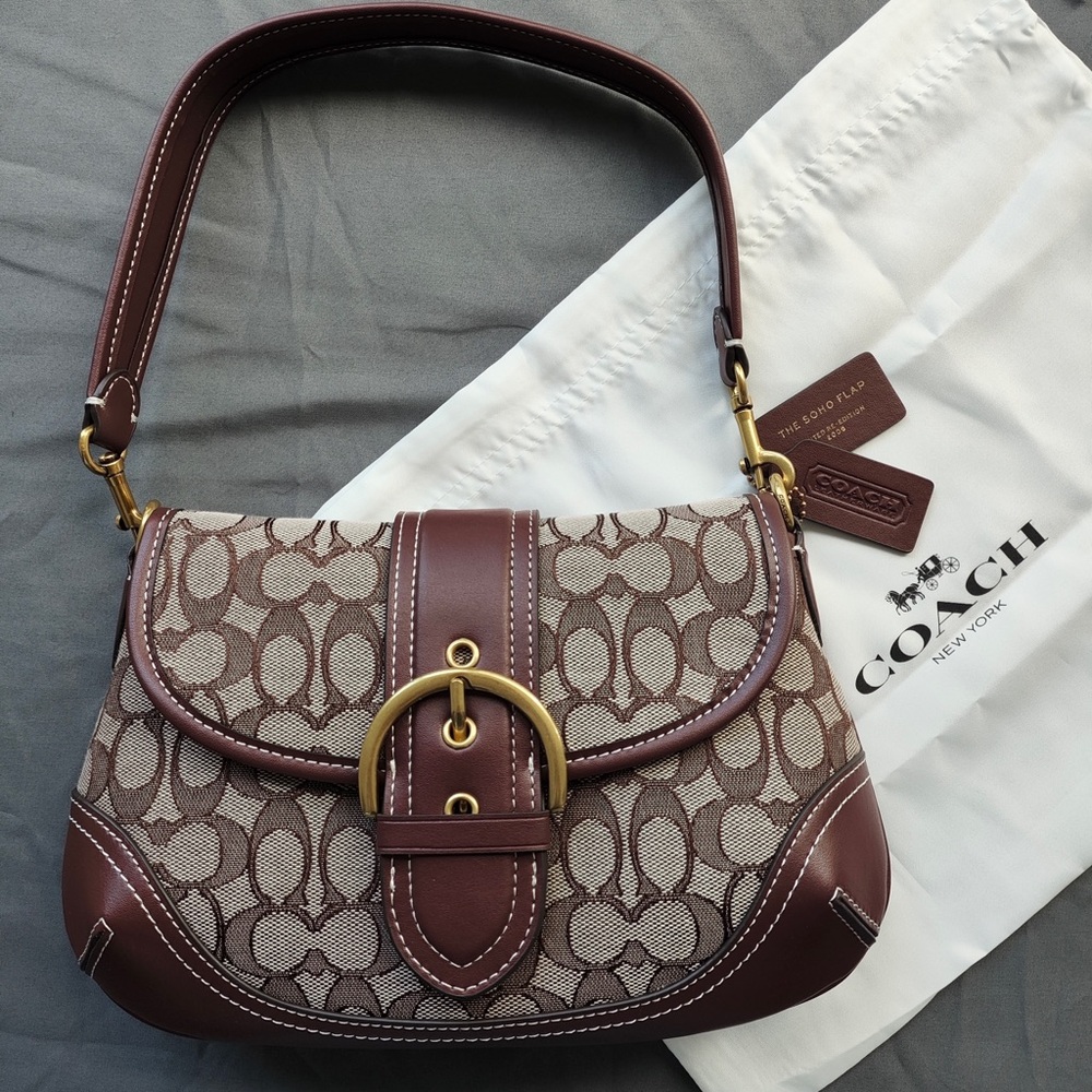 Coach Brown and Beige Signature Canvas Saddle Bag with Gold Hardware